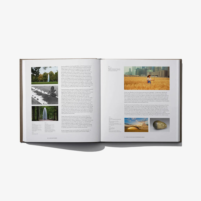 Open hardcover art book with multiple photo panels and dense text blocks on pages