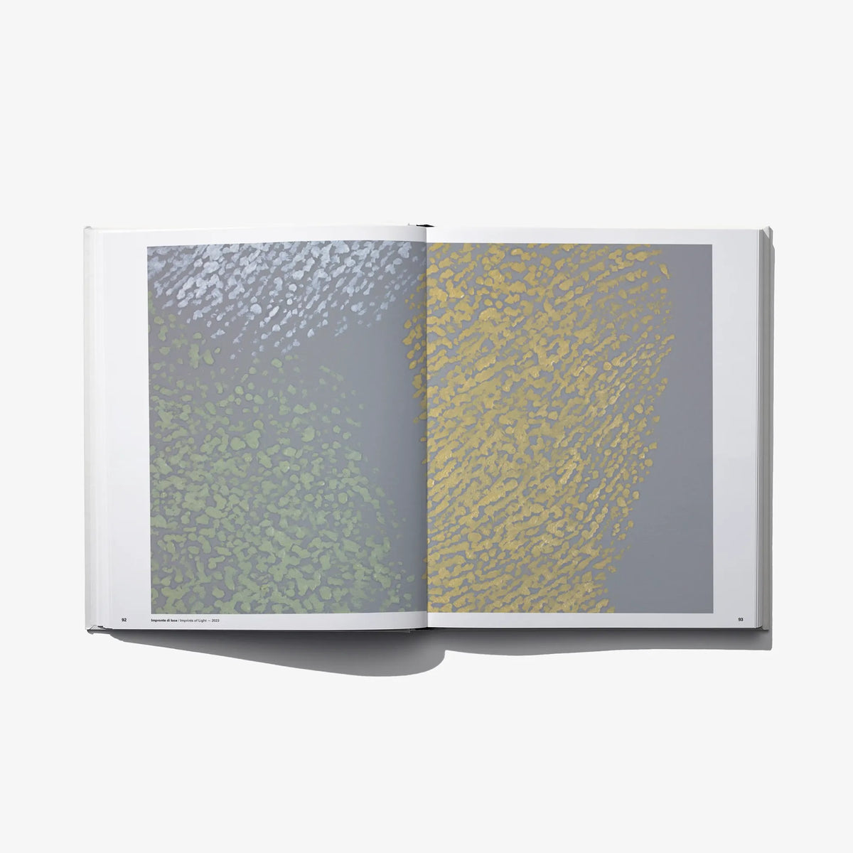 Open art book spread with abstract dotted patterns in yellow and green on gray