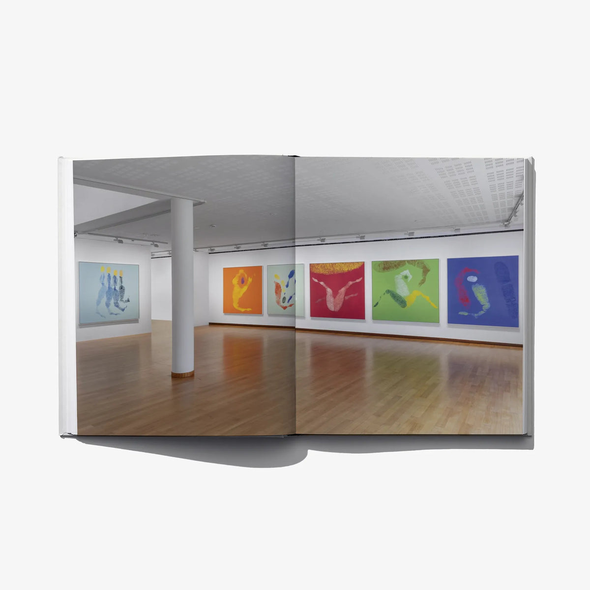 Open art book spread with multiple colorful vertical artworks displayed in a gallery