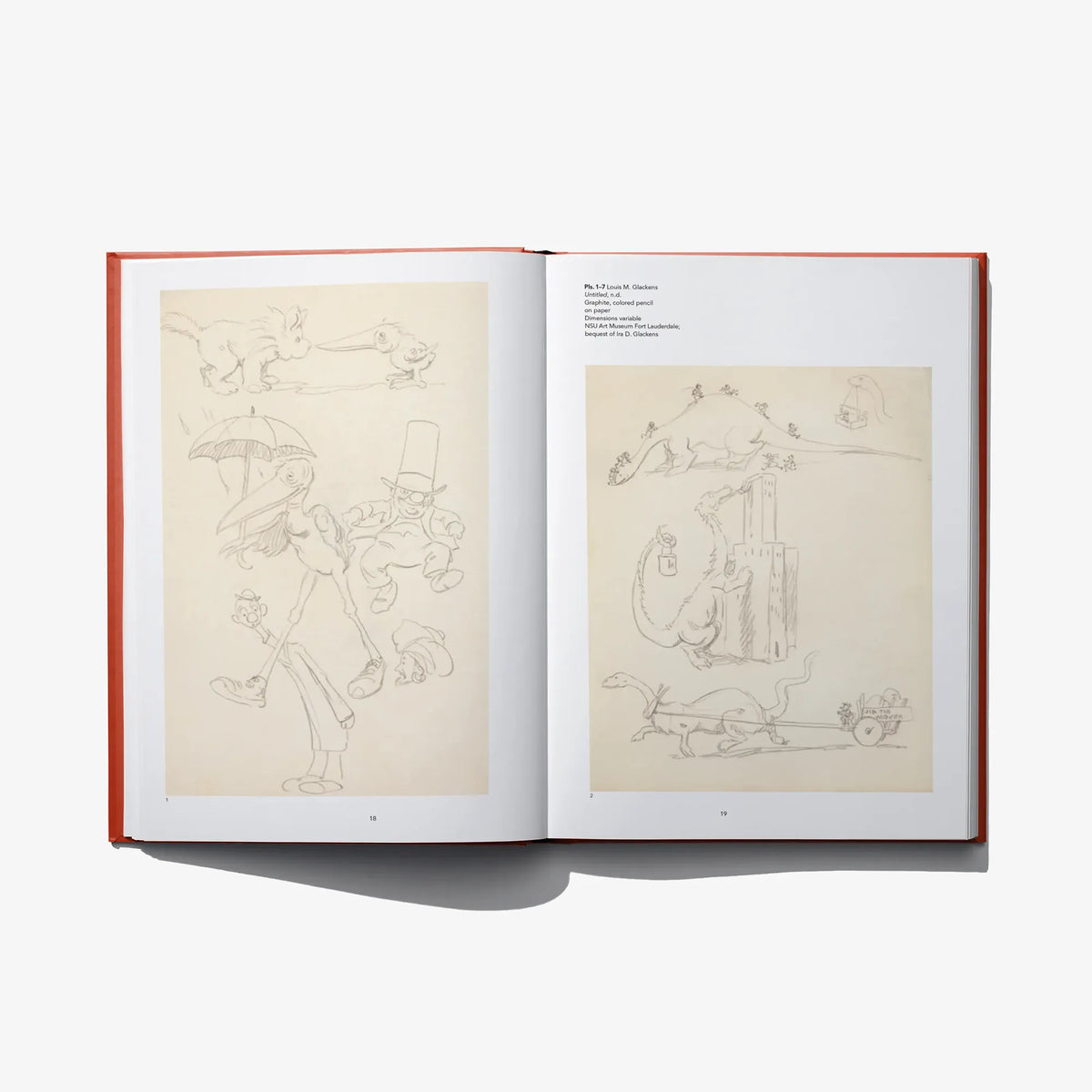 Open book spread with two pencil sketch drawings on beige pages