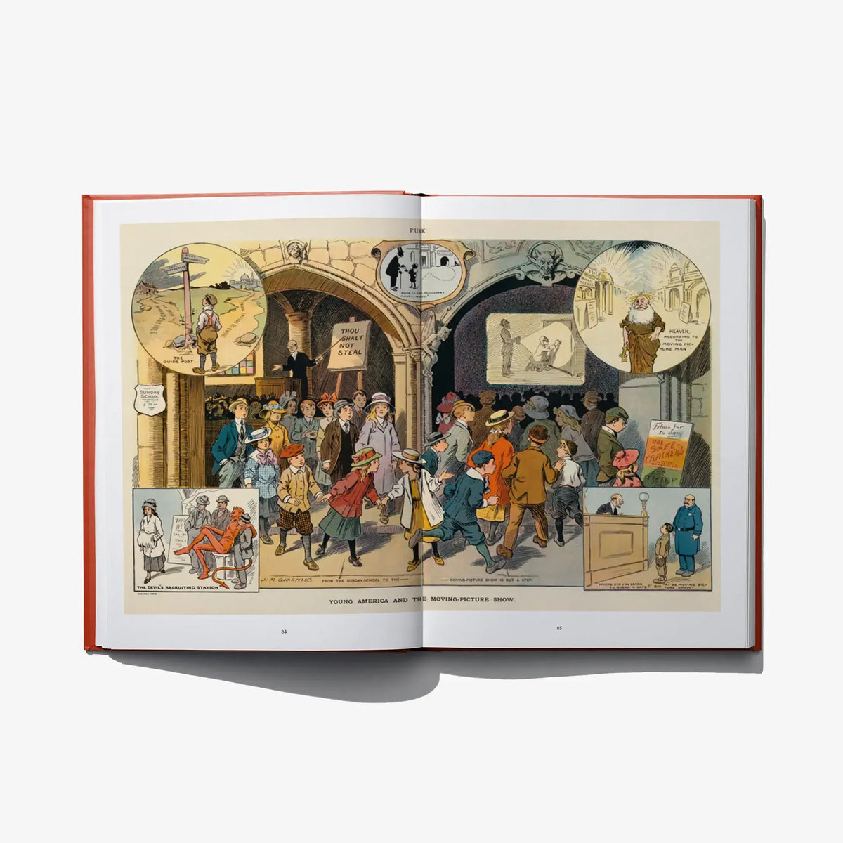 Open book spread with vintage-style street scene illustration and small inset images