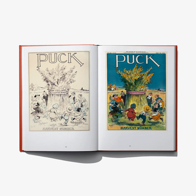 Open book with two illustrated covers labeled "PUCK" in black and blue