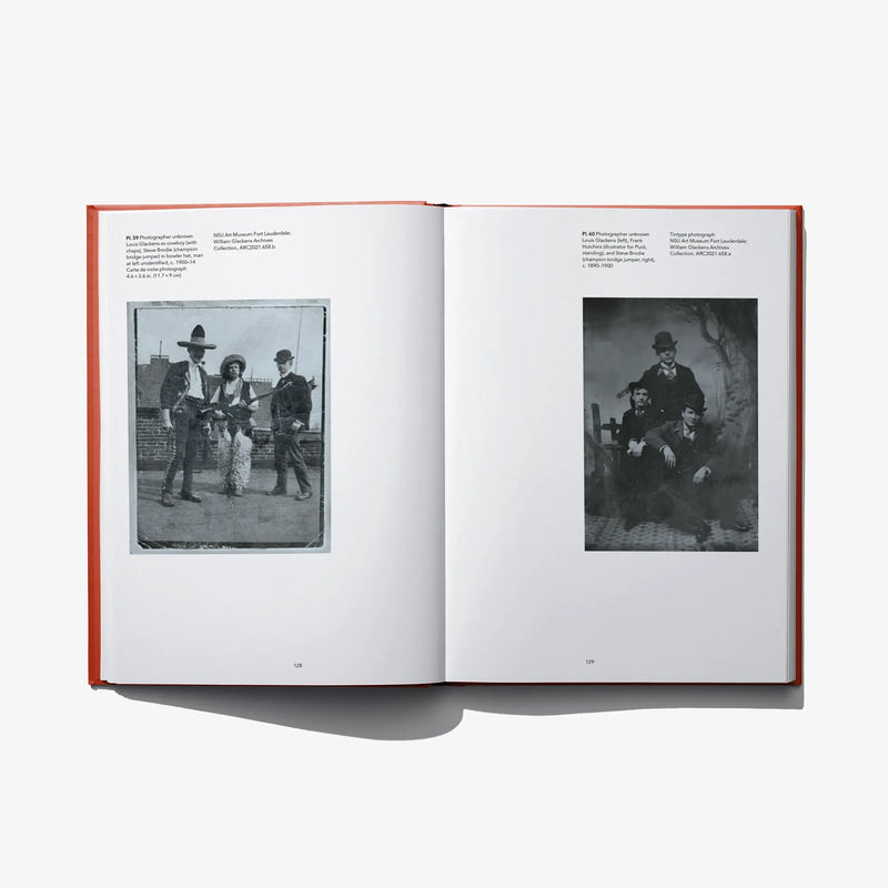 Open book displaying two black-and-white portrait photos on separate pages