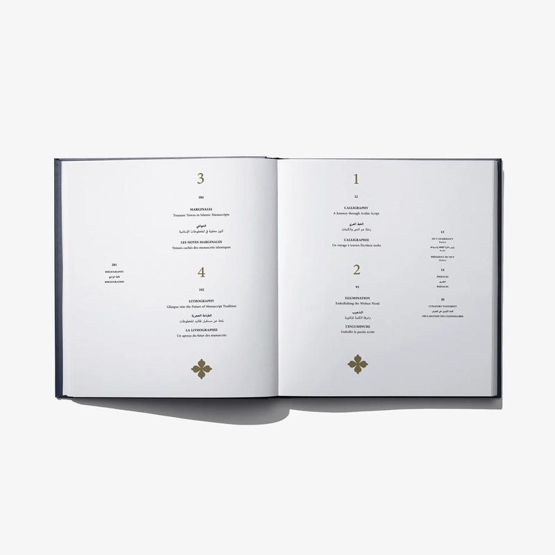 Open book spread with numbered sections on white pages and decorative emblem icons.