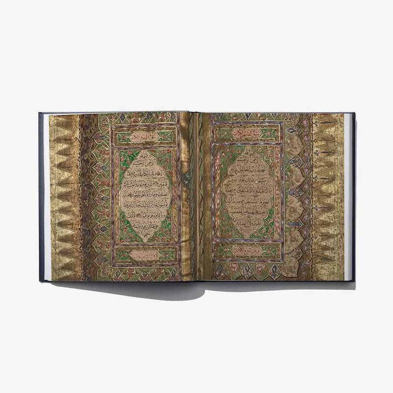 Open book spread with gold patterned pages and colorful geometric illuminated medallions.