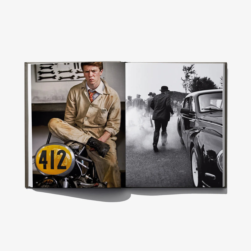 Photo book spread with a man in racing gear beside a vintage motorcycle
