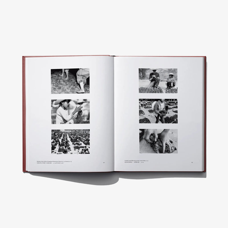 Open book spread with multiple black-and-white photo panels on both pages.