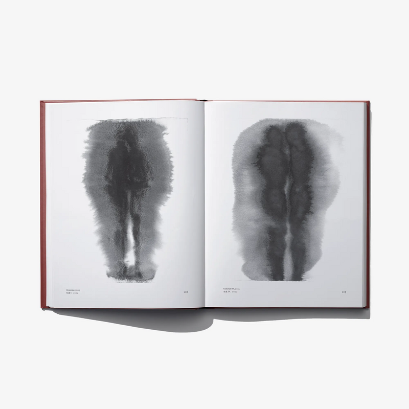 Open book spread with two abstract black-and-white figure forms shown side by side.
