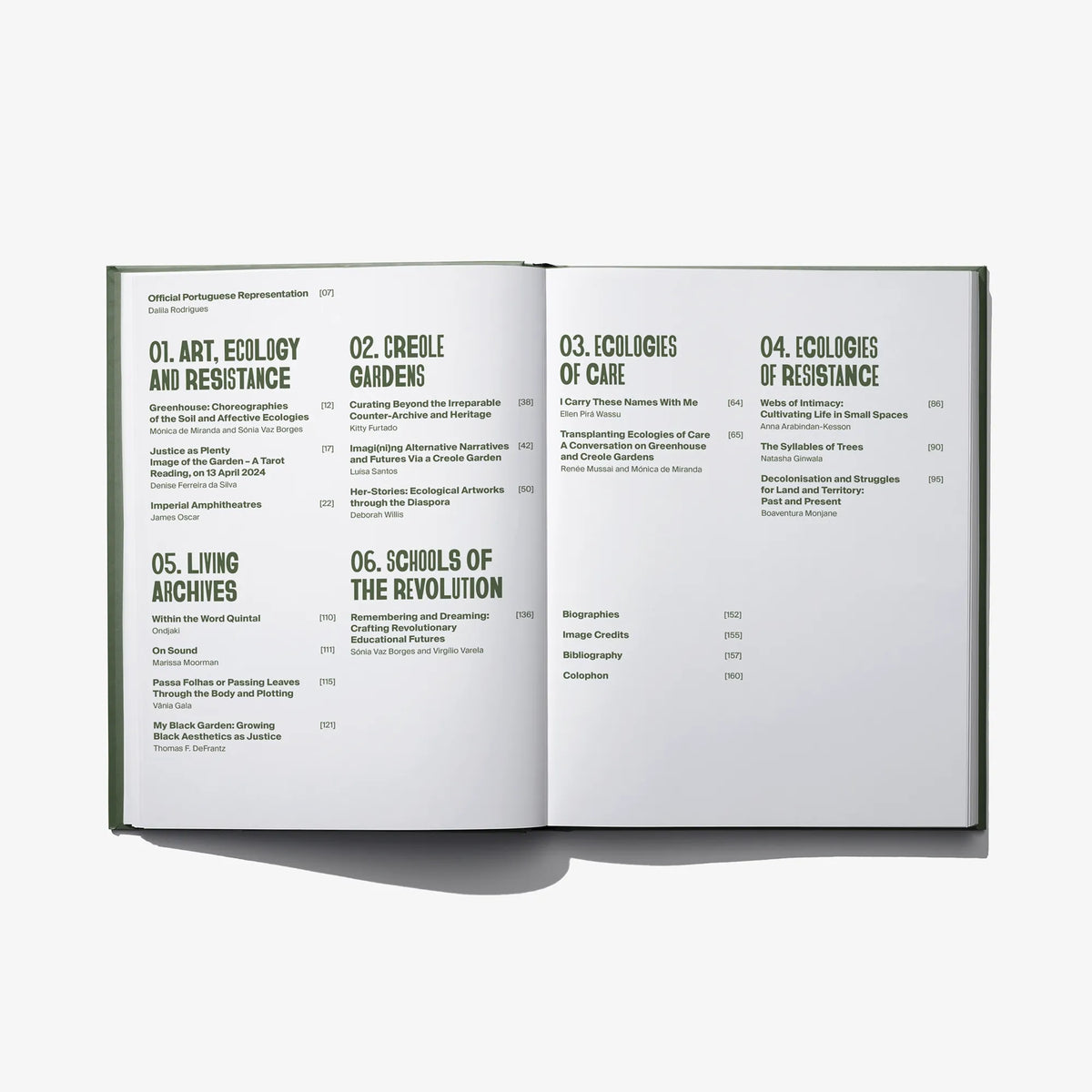 Opened hardcover book showing printed contents with numbered ecology and resistance sections