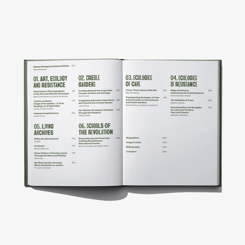 Opened hardcover book showing printed contents with numbered ecology and resistance sections