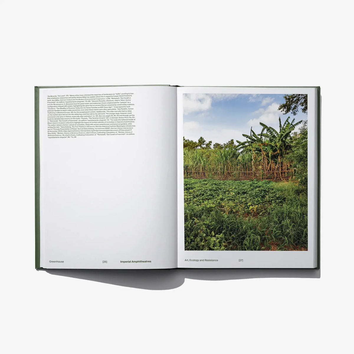 Opened hardcover book with text and a large photo of tall cornfield-like plants outdoors