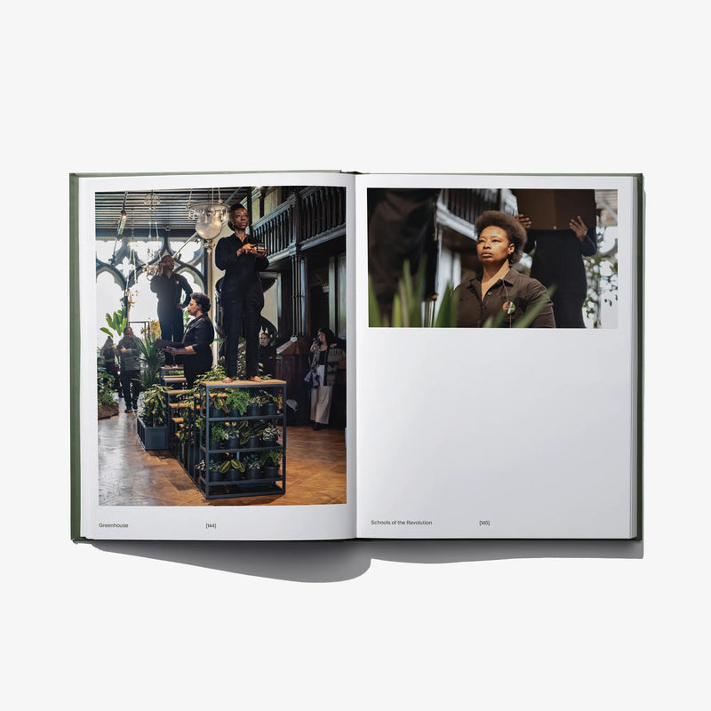 Opened hardcover book with photos of indoor plants and a portrait of a person
