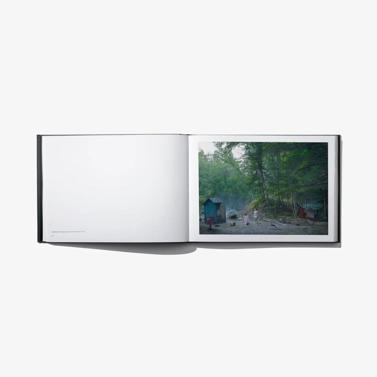 Open photo book spread with blank left page and outdoor yard photo panel