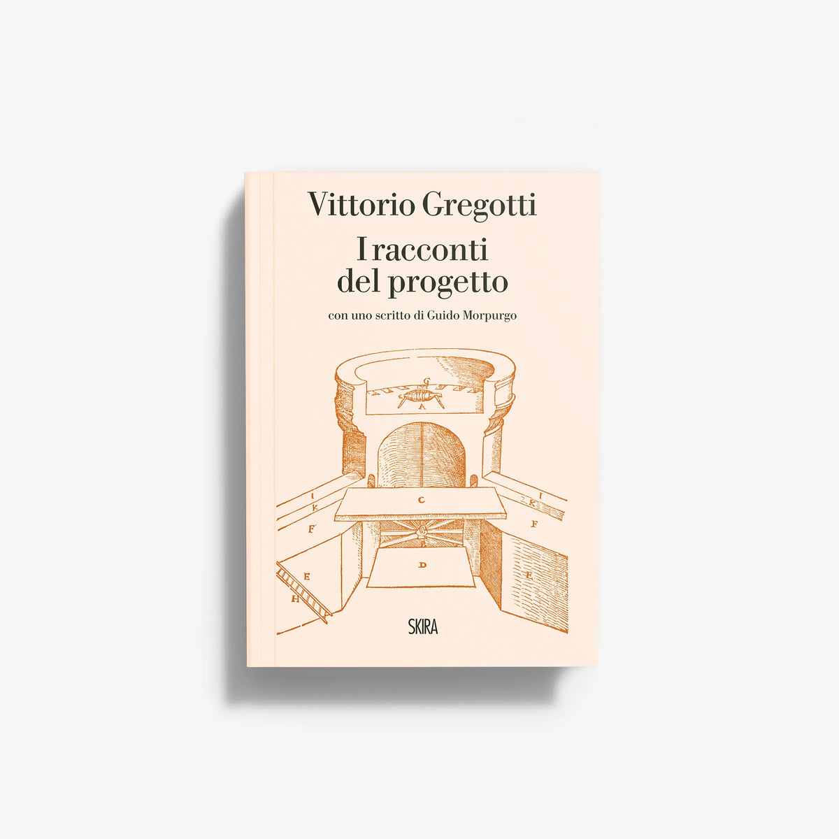 Hardcover book with beige cover and architectural line-art illustration