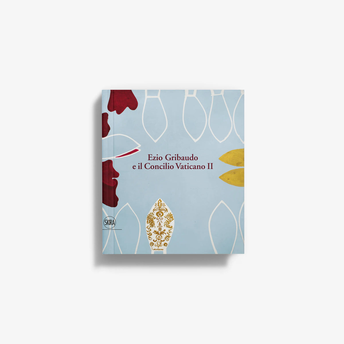 Book cover with light blue background, red shapes, and gold crest