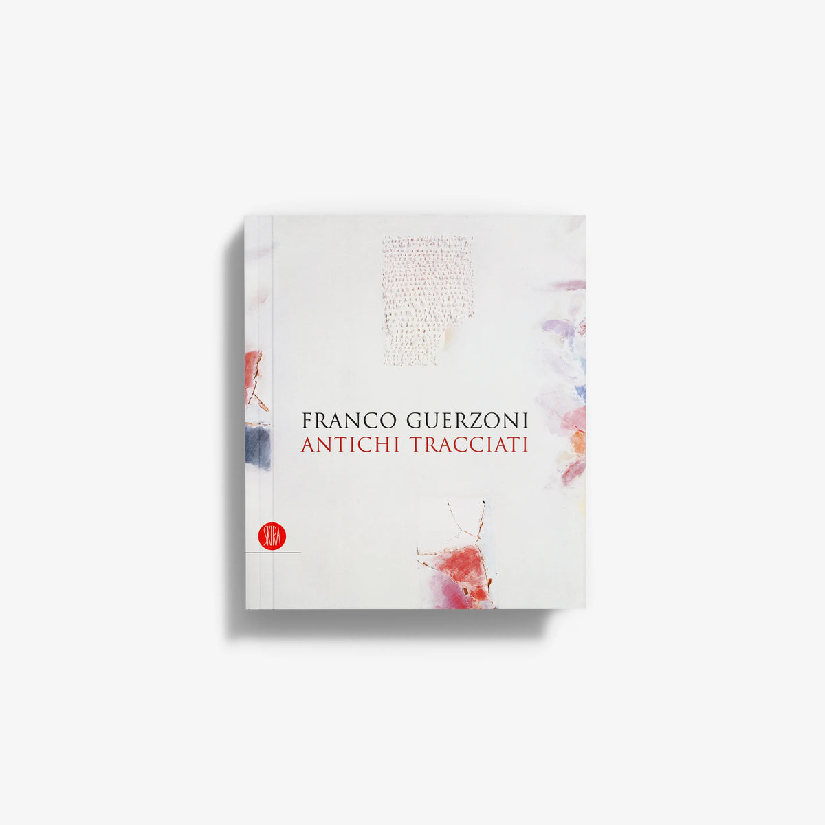 Franco Guerzoni Antichi tracciati book cover with white background and abstract watercolor marks