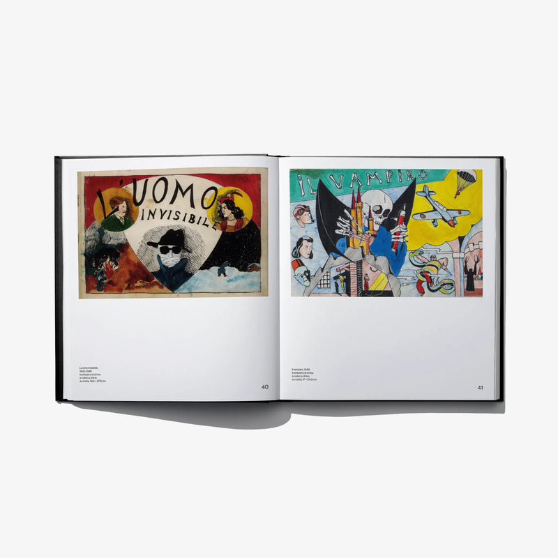 Hardcover art book open, two colorful illustrated panels with stylized lettering