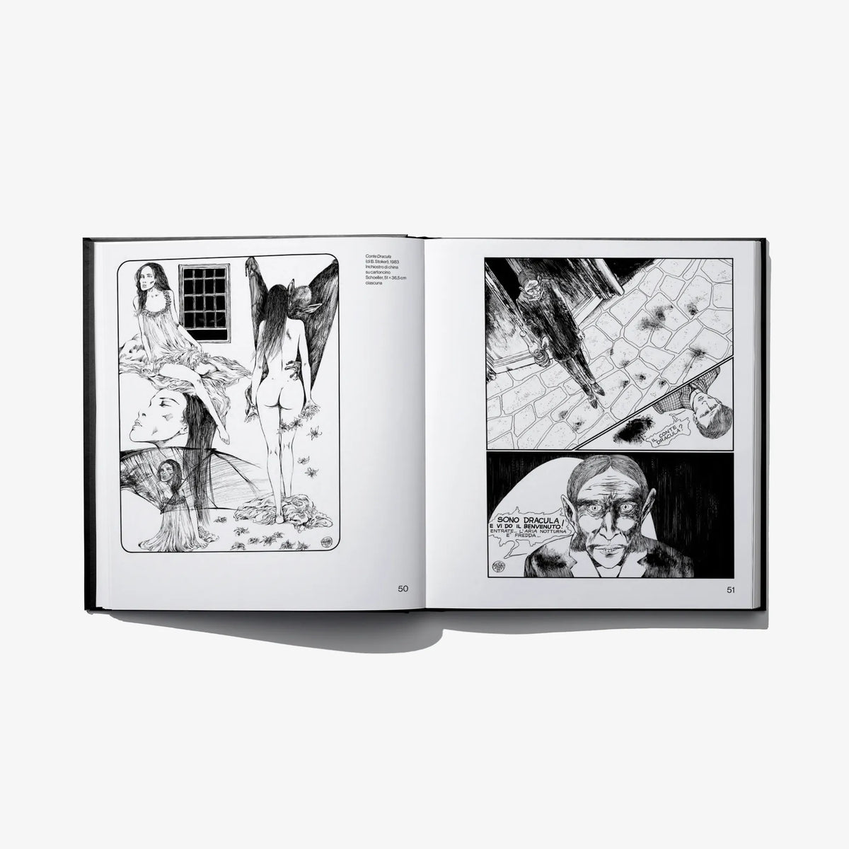 Hardcover art book open, four black-and-white figure illustration panels on two pages