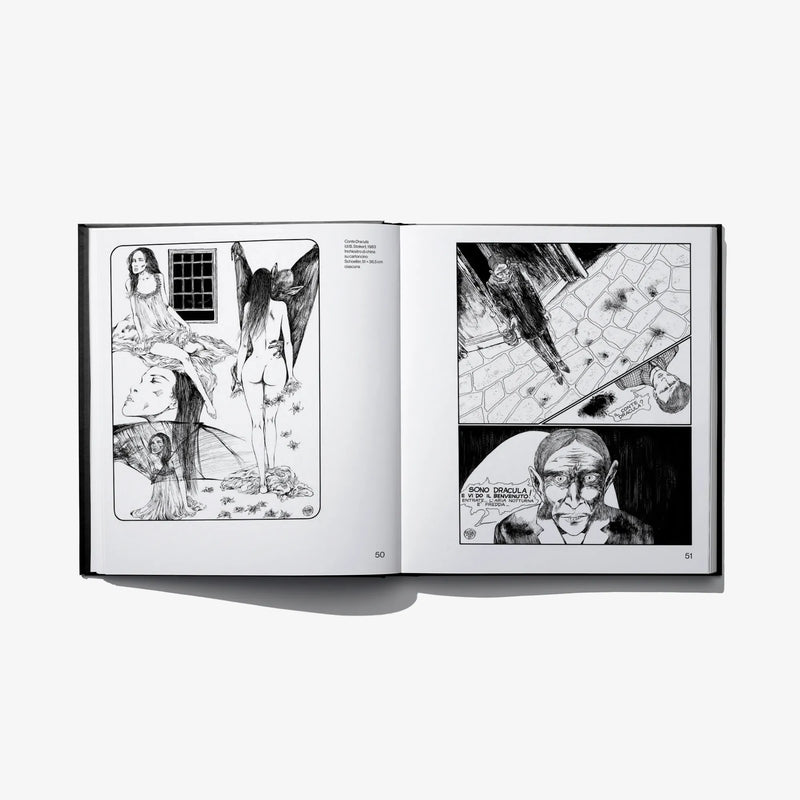 Hardcover art book open, four black-and-white figure illustration panels on two pages
