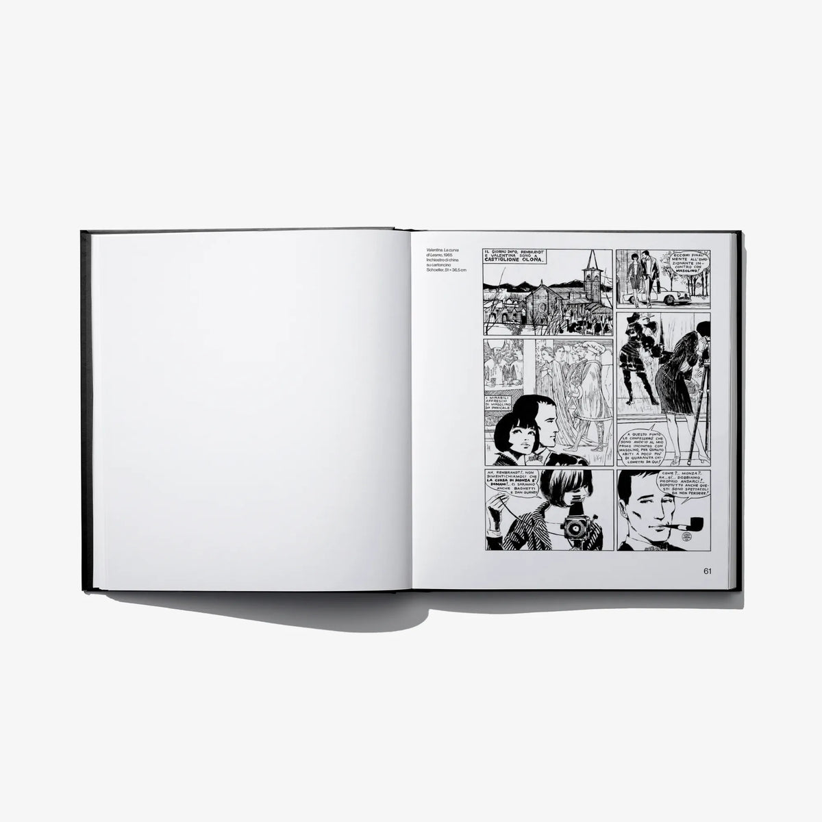 Hardcover art book open, left blank page, right black-and-white comic panels