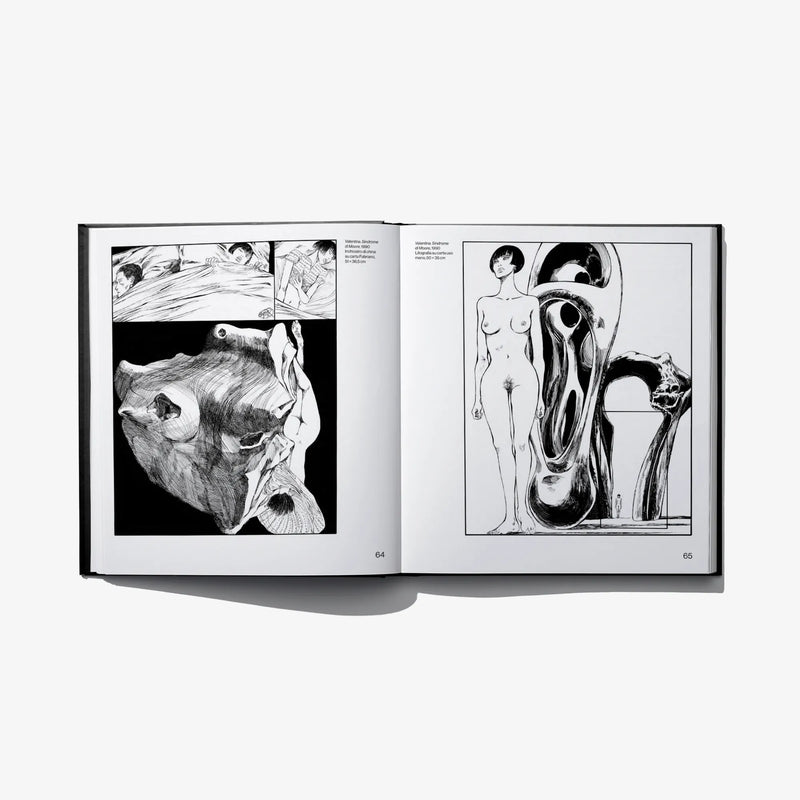Hardcover art book open, two black-and-white illustration panels with captions