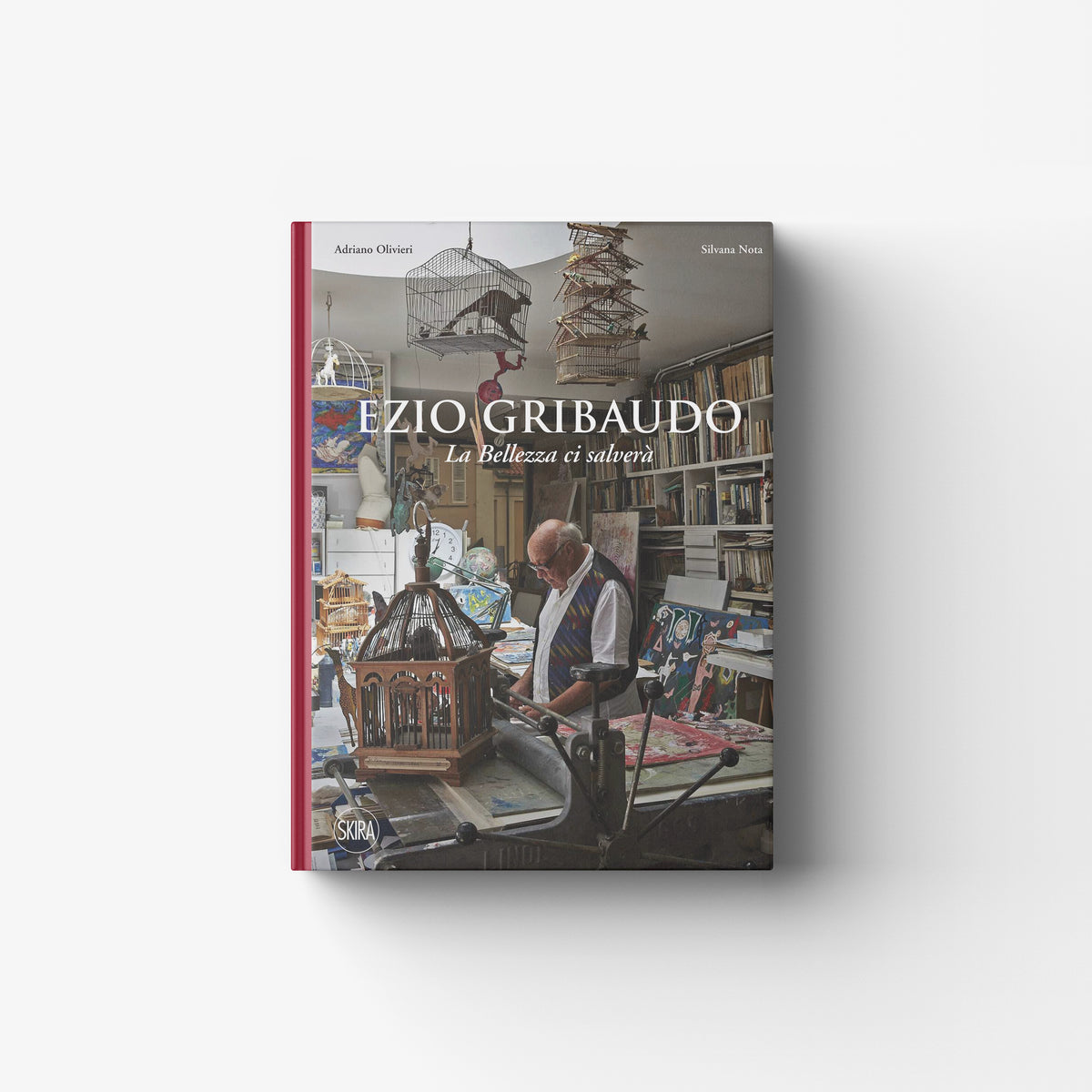 Contemporary art book in red with cover photo of birdcages and studio scene, Skira Arte, Ezio Gribaudo, catalogo d'arte contemporanea