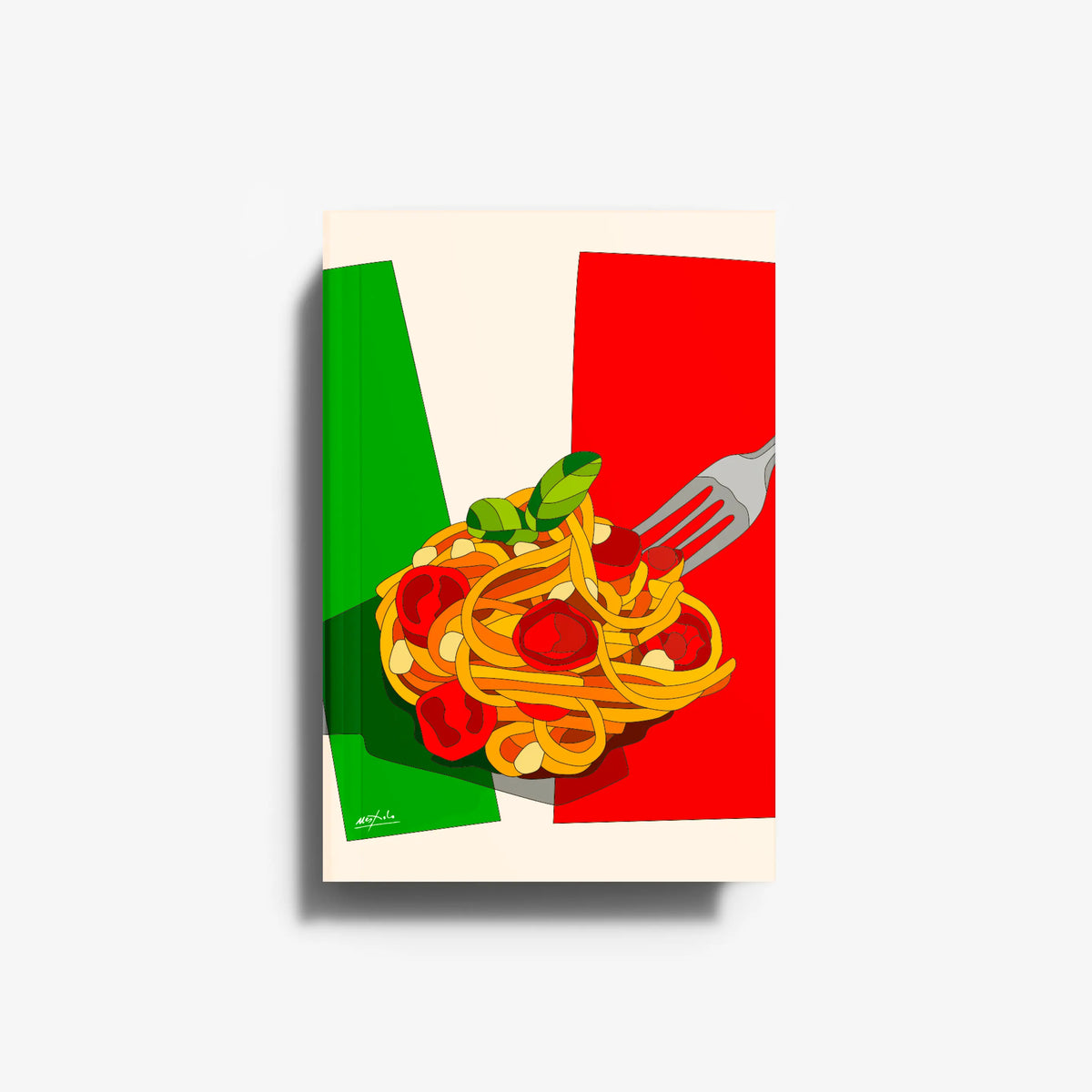 Italian cook book by Skira Arte with illustrated content, featuring green and red cover panels and pasta artwork
