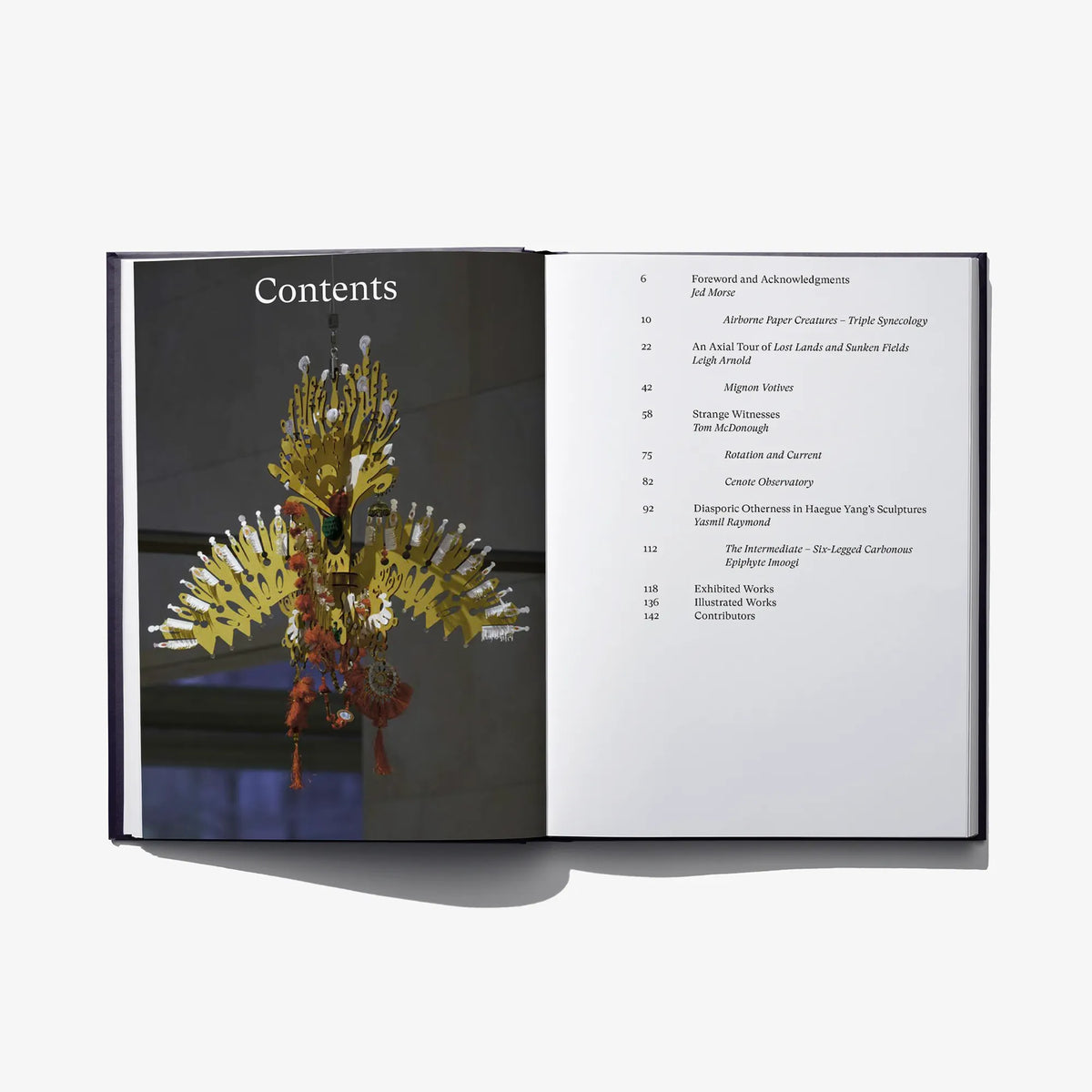 Open hardcover art book with Contents heading and colorful sculpture illustration