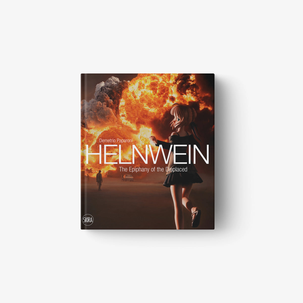 Book cover with a woman facing a fiery explosion in the background, titled "Helnwein The Epiphany of the Displaced".