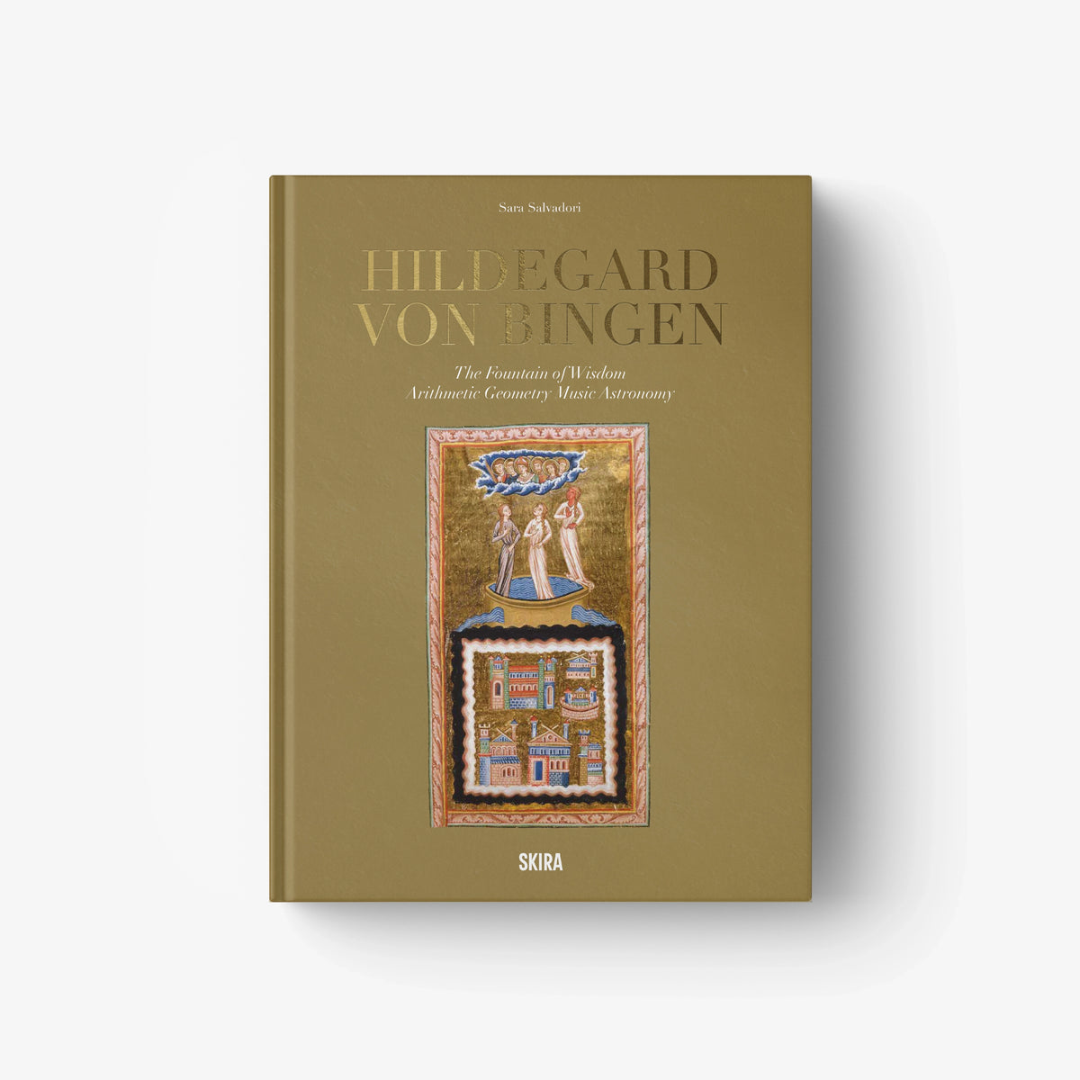 Book with olive-green cover and framed colorful manuscript illustration, gold title text