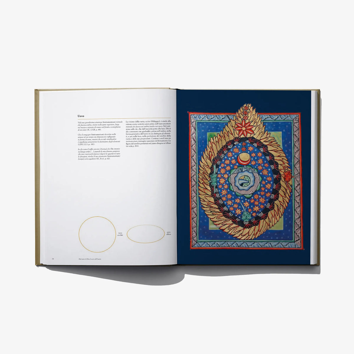Open hardcover book showing blue circular mandala artwork on right page