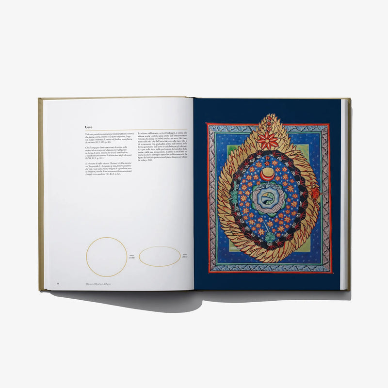 Open hardcover book showing blue circular mandala artwork on right page