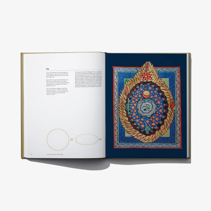 Open book with diagrams on the left and circular mandala artwork on the right