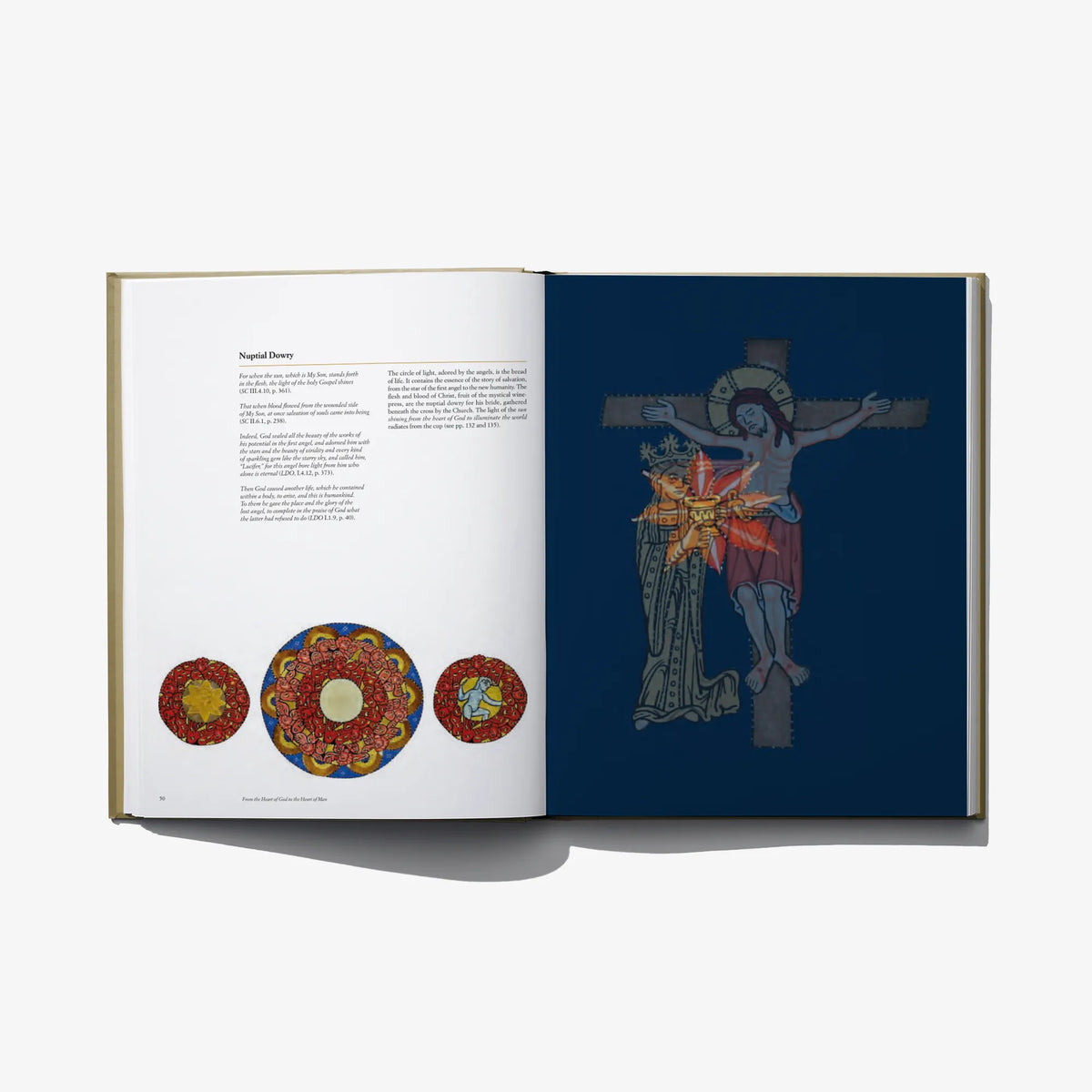 Open book with three ornate circle designs on the left and cruciform halo figure on the right