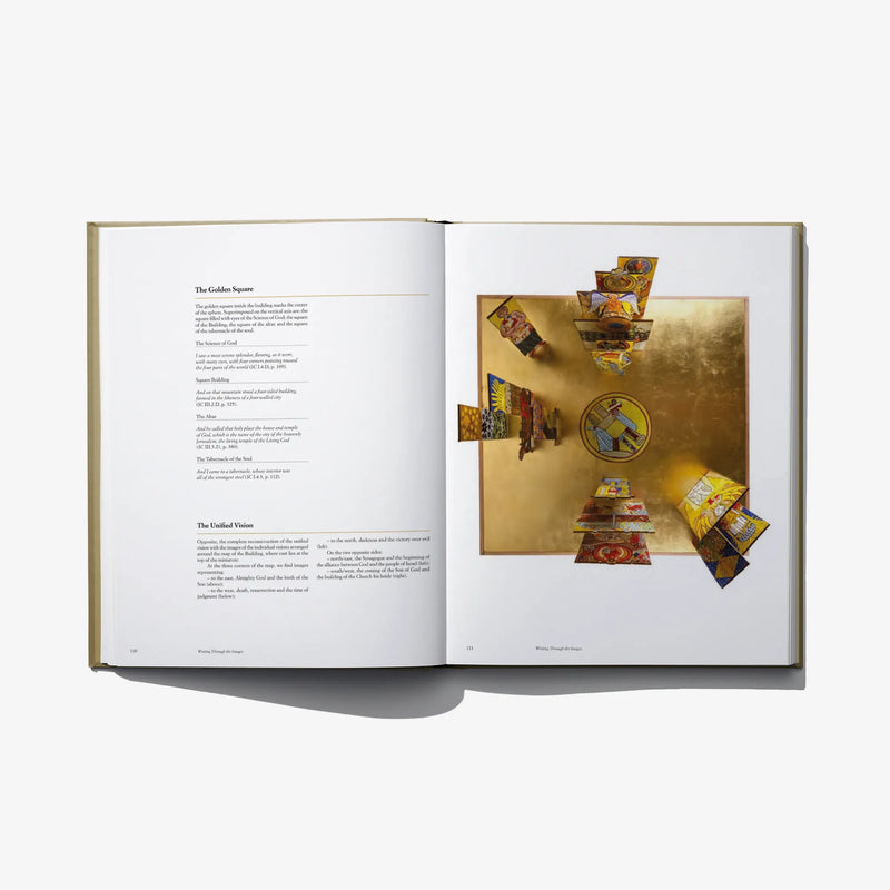 Open book with printed list on the left and gold-toned collage of objects on the right