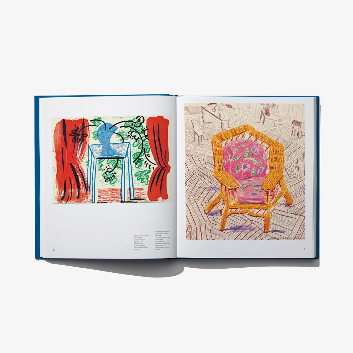 Open art book spread with bold abstract figures and a striped chair drawing