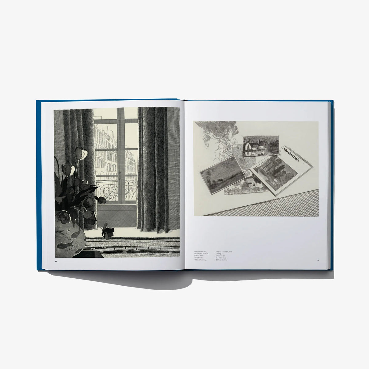 Open art book spread with black-and-white photos and sketchbook-style illustrations