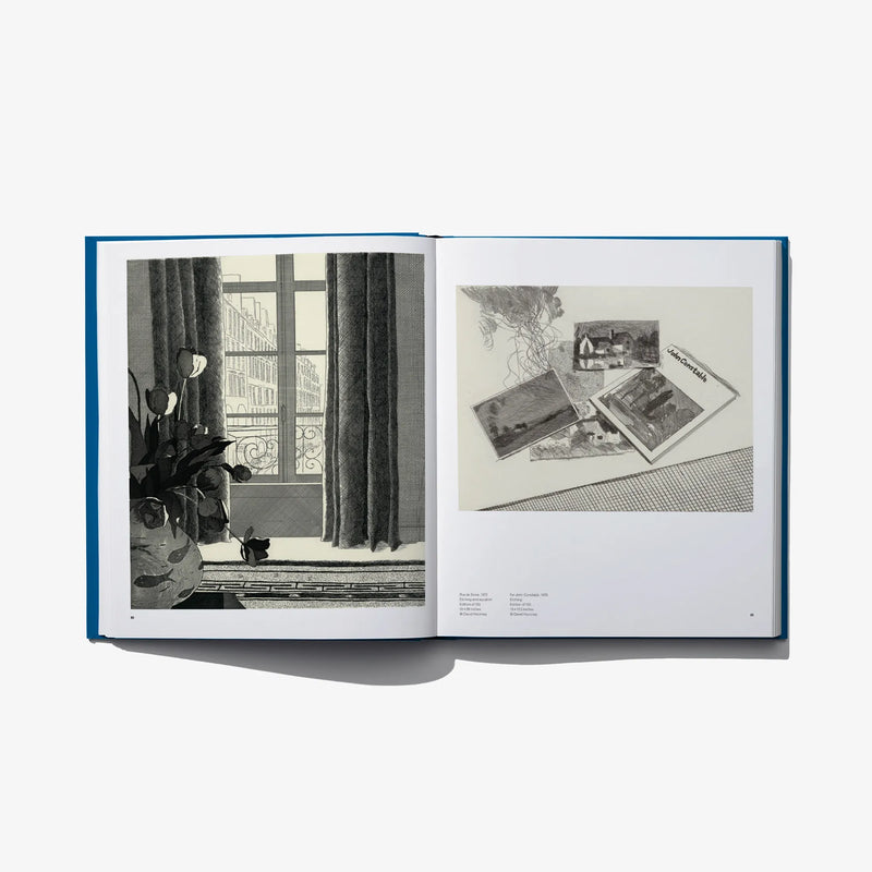 Open art book spread with black-and-white photos and sketchbook-style illustrations