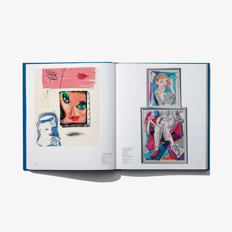 Open art book spread with colorful face drawings and a stacked portrait collage