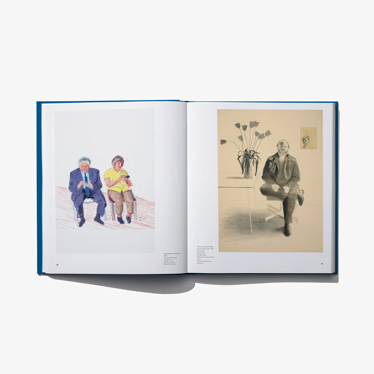 Open art book spread with seated figures and a man holding flowers in sketch