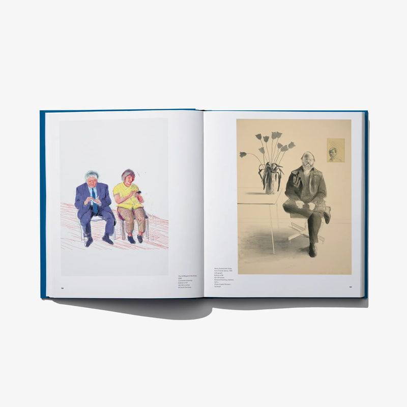 Open art book spread with seated figures and a man holding flowers in sketch
