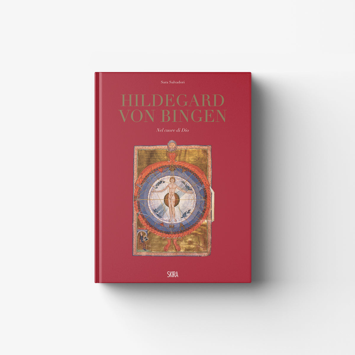 Illustrated art book in deep red with medieval manuscript miniatures, Skira Arte, Hildegard Von Bingen Nel cuore di Dio