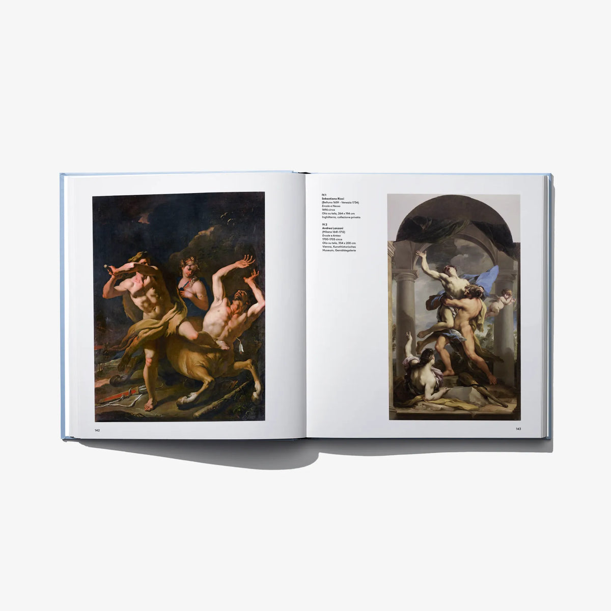 Open art book spread with two classical paintings featuring people and angels