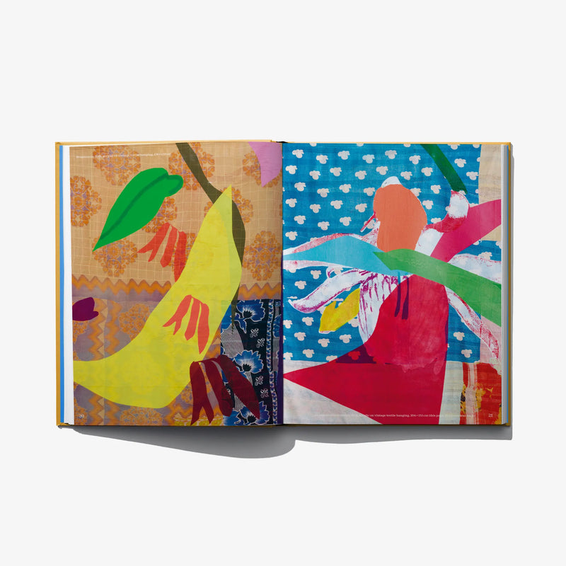 Open art book spread with two colorful abstract figures and patterned backgrounds