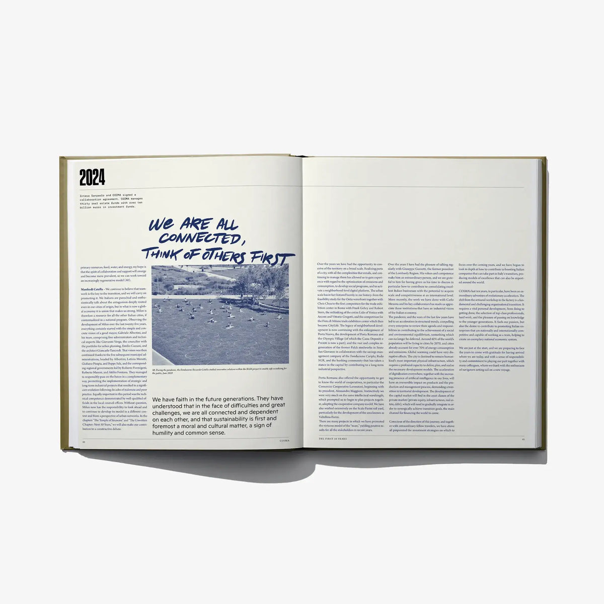 Inspiring Cities open book spread with 2024 section, aerial photo, and dense text