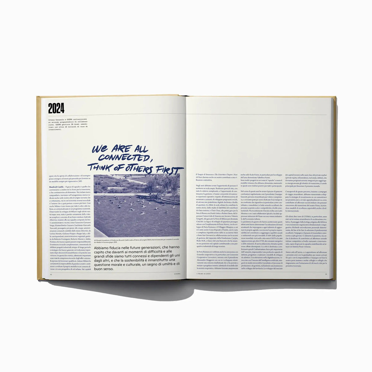 Open Italian edition city inspiration book with 2024 headline and article text blocks