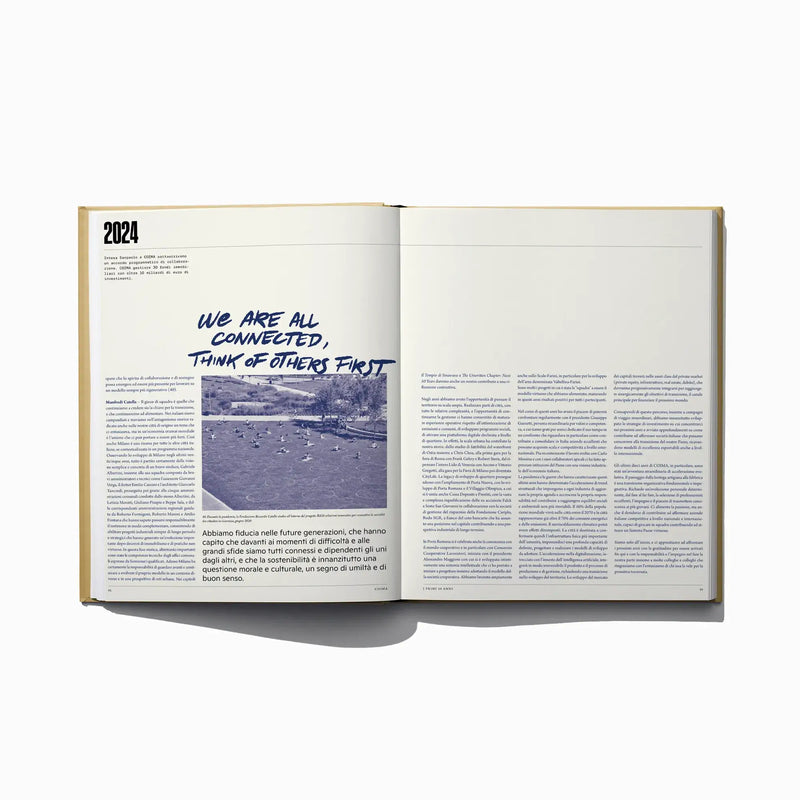 Open Italian edition city inspiration book with 2024 headline and article text blocks