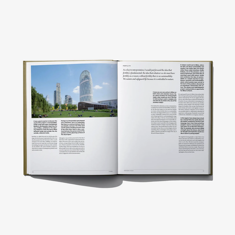 Inspiring Cities open book spread featuring a city building photo and paragraph text