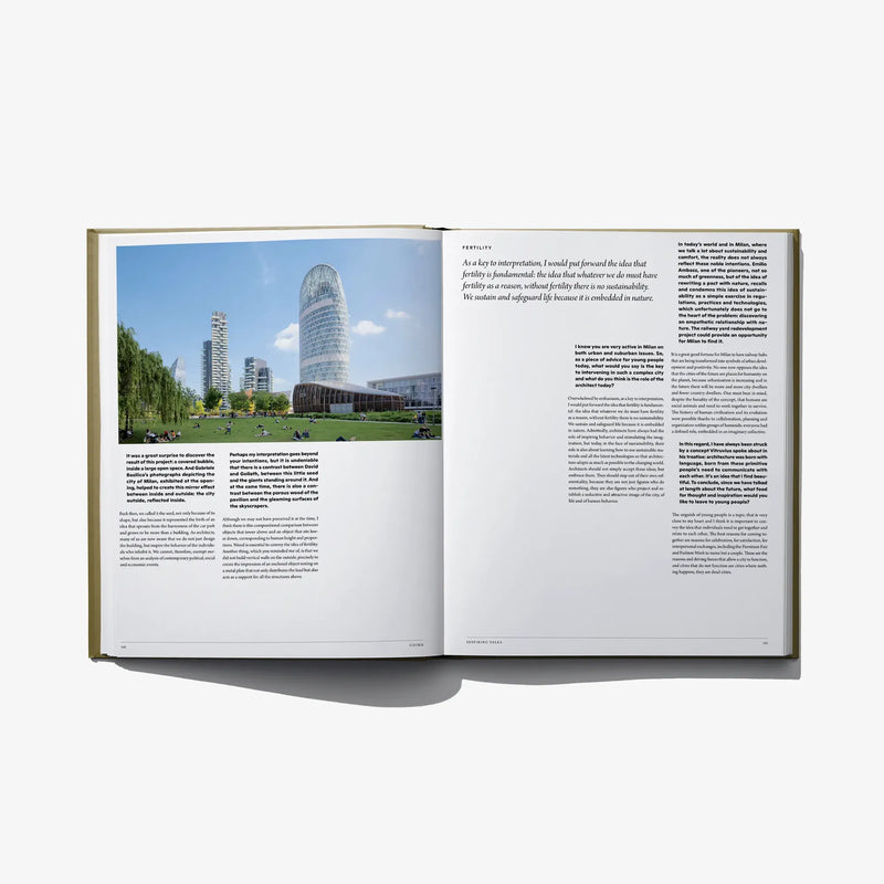 Inspiring Cities open book spread with city photo on left and text columns on right