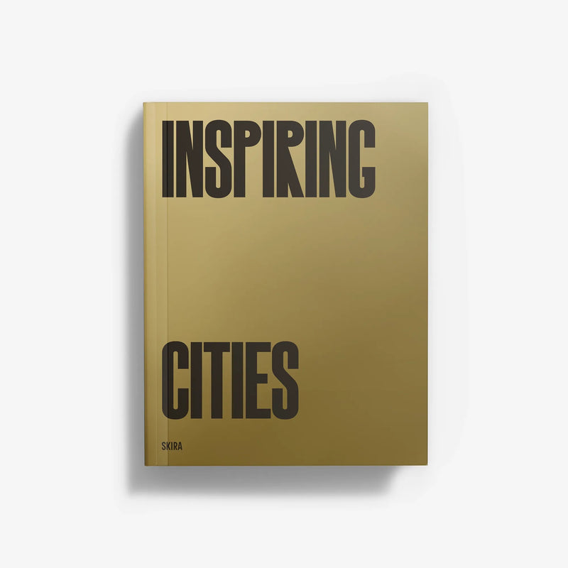 Inspiring Cities book cover with bold black title text on gold background
